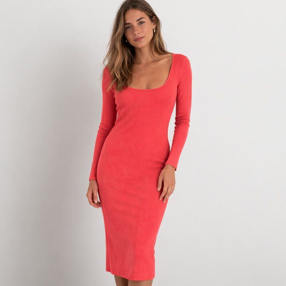 NWT Revolve Monrow Ribbed Bodycon Midi Dress Coral Pink Scoop Neck Long Sleeve M
